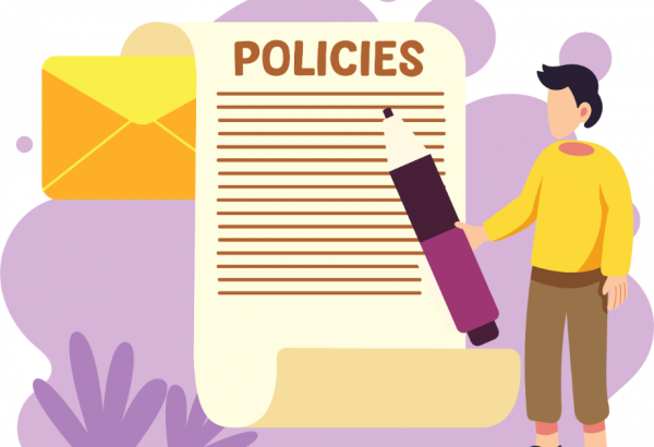 Cartoon graphic of a person holding a pen to a document that says policies